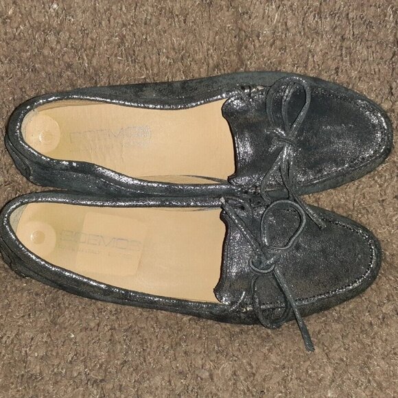 BOEMOS-Crackled/Distressed Silver/Black Suede Loafers-Bow-Driving-Sz39-Near Mint - Picture 6 of 7
